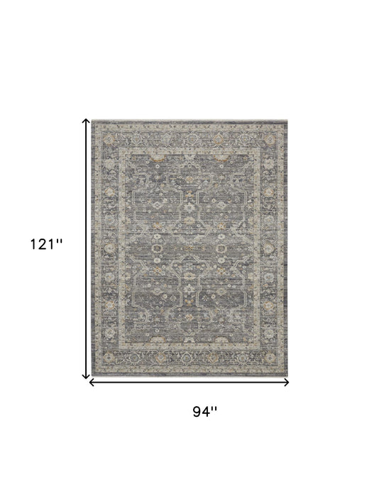 8' X 10' Floral Distressed Area Rug With Fringe (546568) - Slate Gray / Brown / Ivory