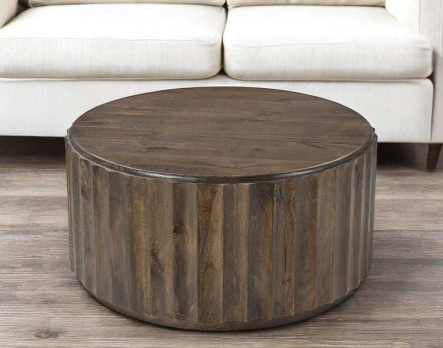 36" Solid Wood Round Drum Coffee Table - Brown