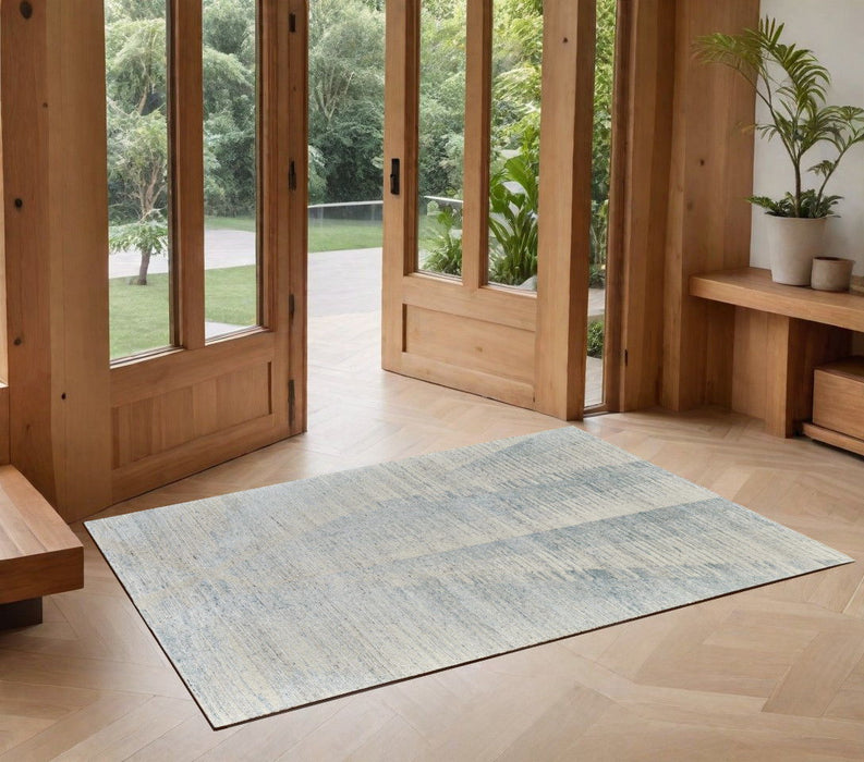 3' x 5' Abstract Hand Knotted Worn Faded Area Rug - Blue And Ivory