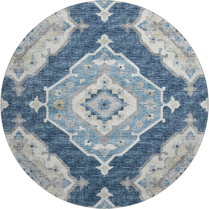 8' Tribal Distressed Washable Round Rug With UV Protection (644195) - Blue / Ivory