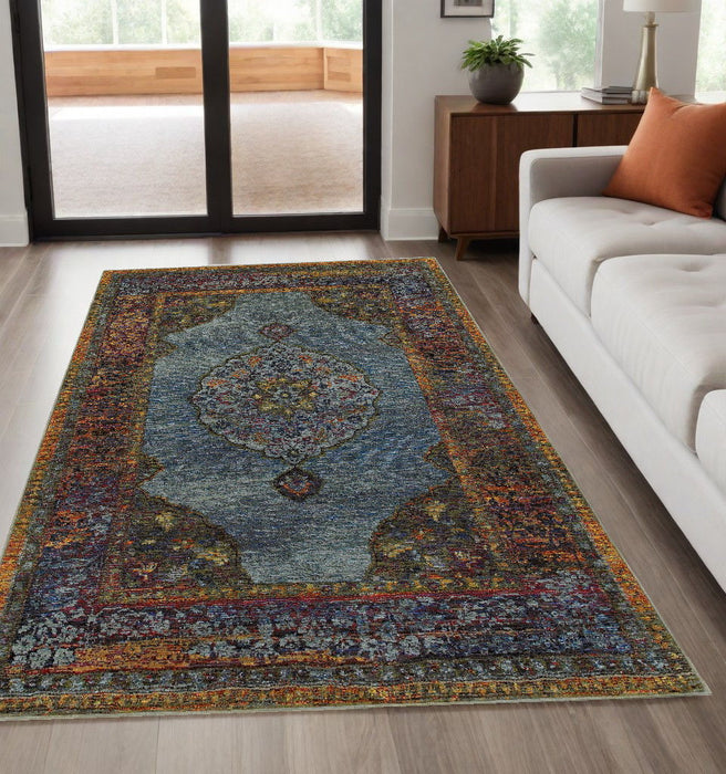 5' x 7' Oriental Power Loom Area Rug - Blue And Beige