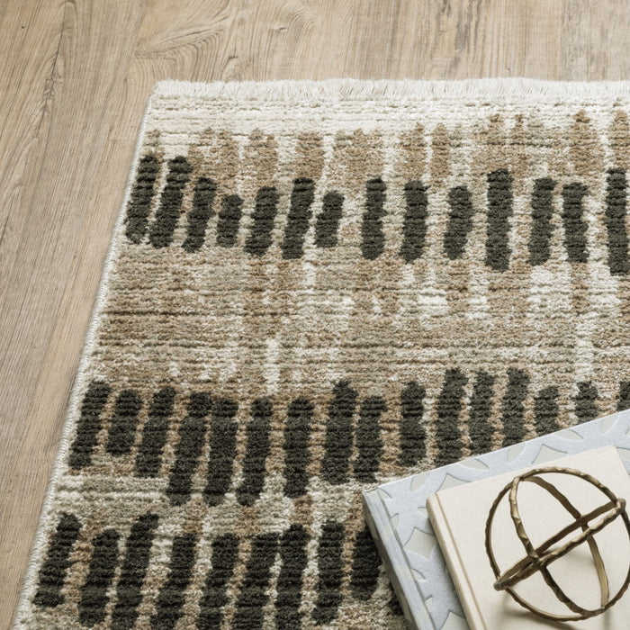 8' x 11' Abstract Power Loom Stain Resistant Area Rug With Fringe - Beige Ivory Charcoal Brown Tan And Gray