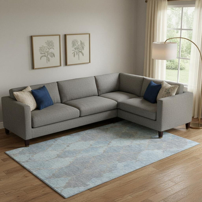 10' X 14' Damask Washable Area Rug With UV Protection (701293) - Denim Blue / Beige