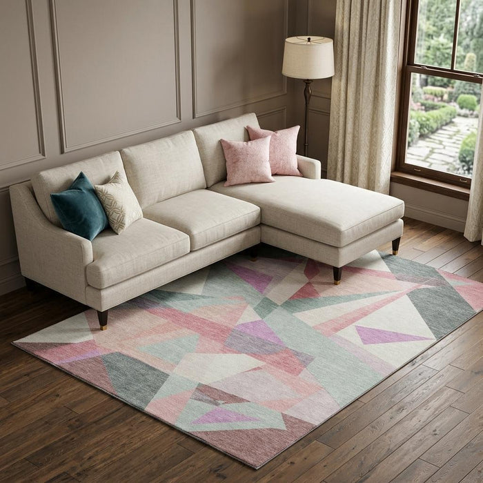 10' X 14' Geometric Washable Area Rug With UV Protection (696554) - Pale Aqua / Blush / Sage