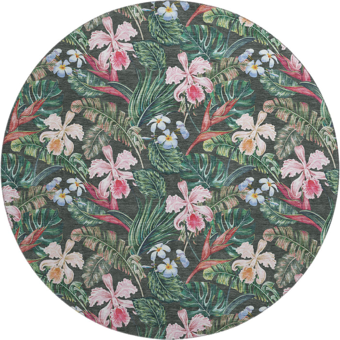 8' Geometric Washable Round Rug With UV Protection (646340) - Midnight / Green / Pink
