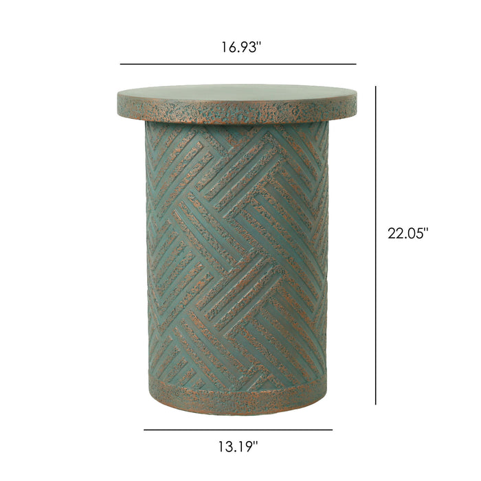 Giga round outdoor end table with a tree stump design in golden, green, and peacock colors for patio decor.