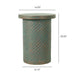 Giga round outdoor end table with a tree stump design in golden, green, and peacock colors for patio decor.