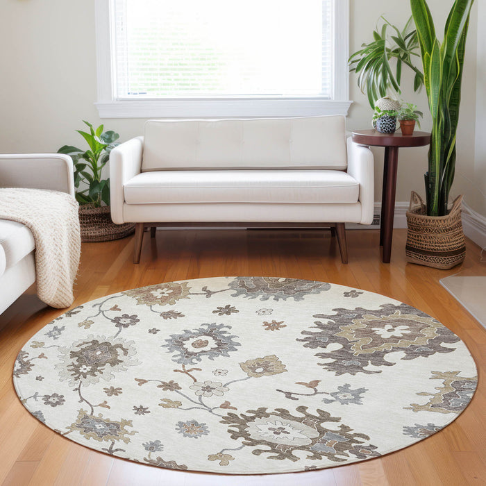8' Floral Medallion Washable Round Rug With UV Protection - Ivory