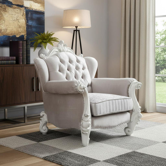 Fabric Damask Tufted Chair And A Half And Toss Pillows - Ivory And Antiqued White