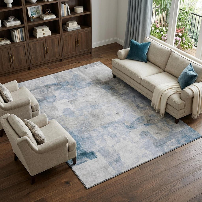 10' X 14' Abstract Washable Area Rug With UV Protection (696704) - Denim Blue / Gray / Silver