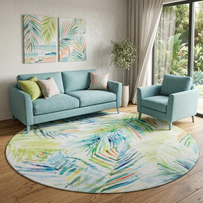8' Geometric Washable Round Rug With UV Protection (646328) - Rainbow / Ivory