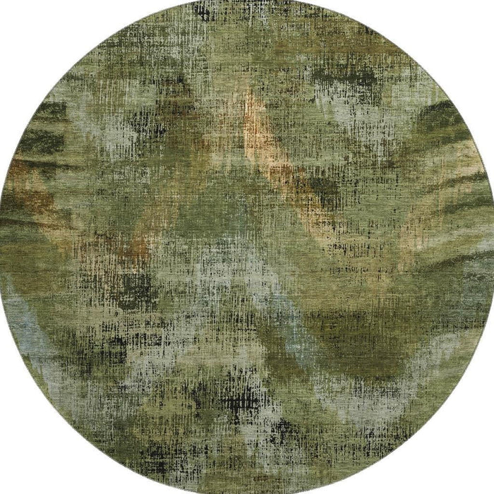 8' Abstract Washable Round Rug With UV Protection - Olive Green And Charcoal