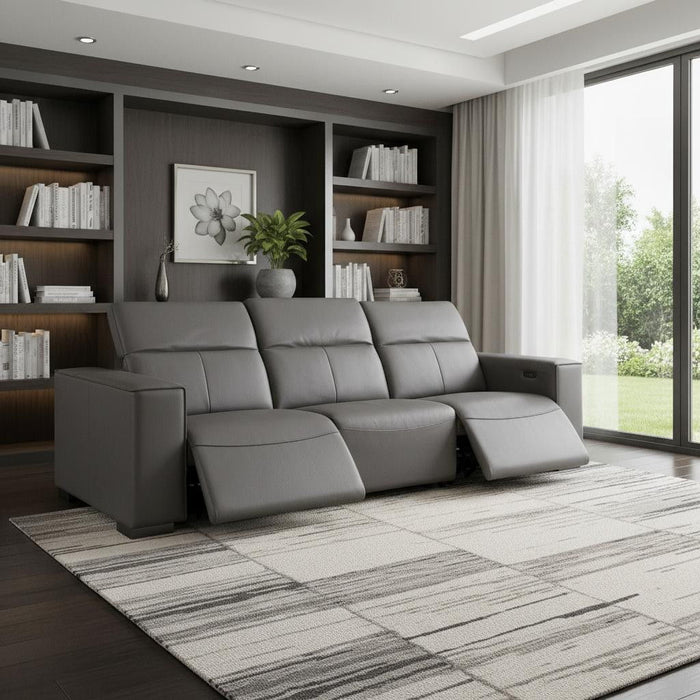 Top Grain Leather Reclining Metal USB Sofa (720302) - Dark Gray