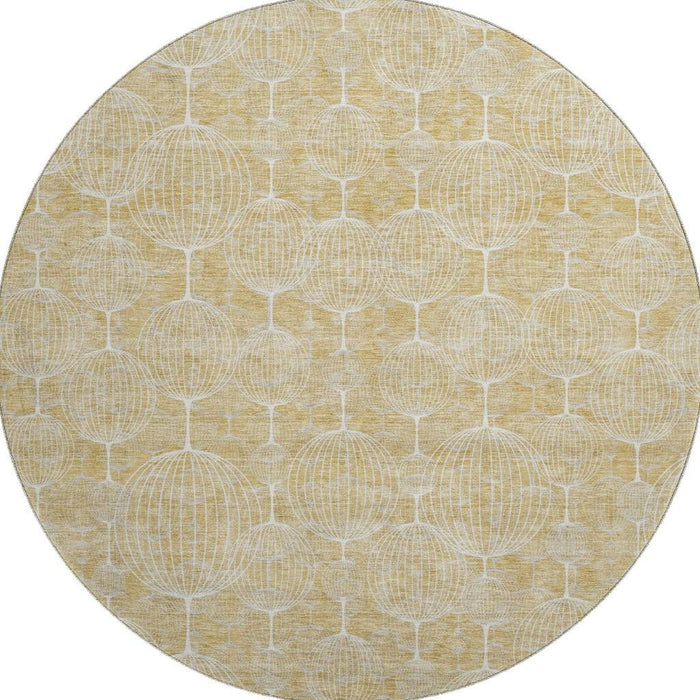 8' Geometric Polyester Washable Round Rug With UV Protection - Gold And Ivory