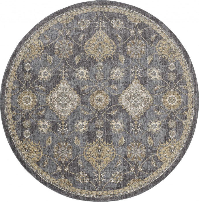 9' Machine Woven Bordered Floral Vines Round Indoor Area Rug - Slate Gray