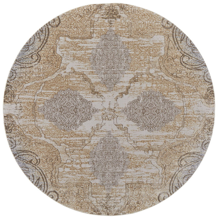 8' Round Medallion Power Loom Distressed Area Rug - Gray And Brown