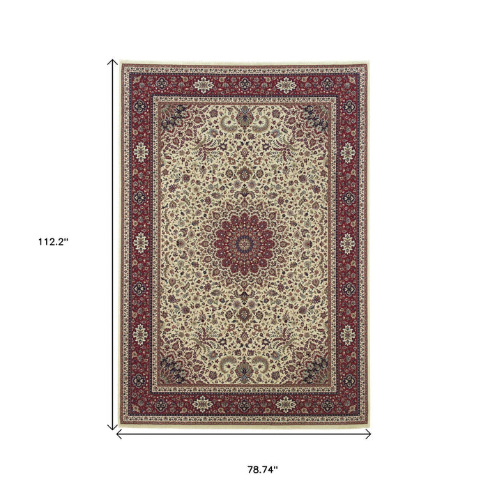 7' X 10' Oriental Area Rug - Ivory / Red