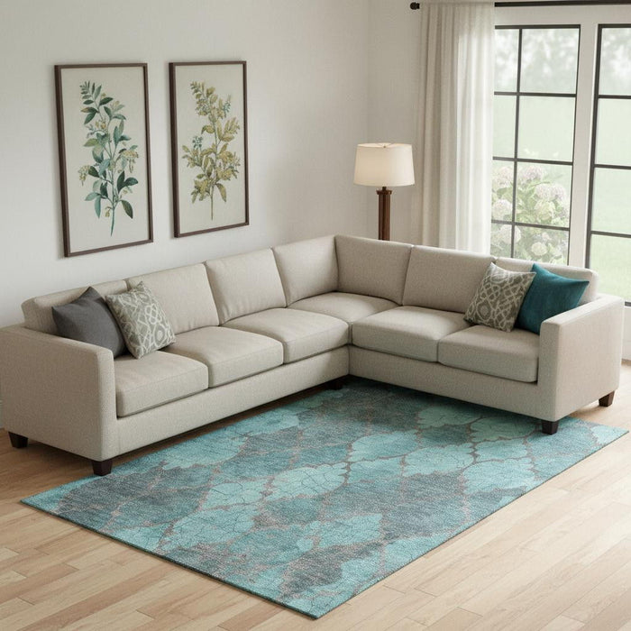 10' X 14' Damask Washable Area Rug With UV Protection (701299) - Teal / Taupe
