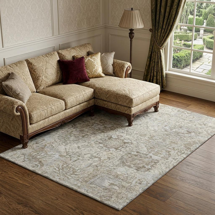 10' X 14' Damask Washable Area Rug With UV Protection (684322) - Ivory / Gray