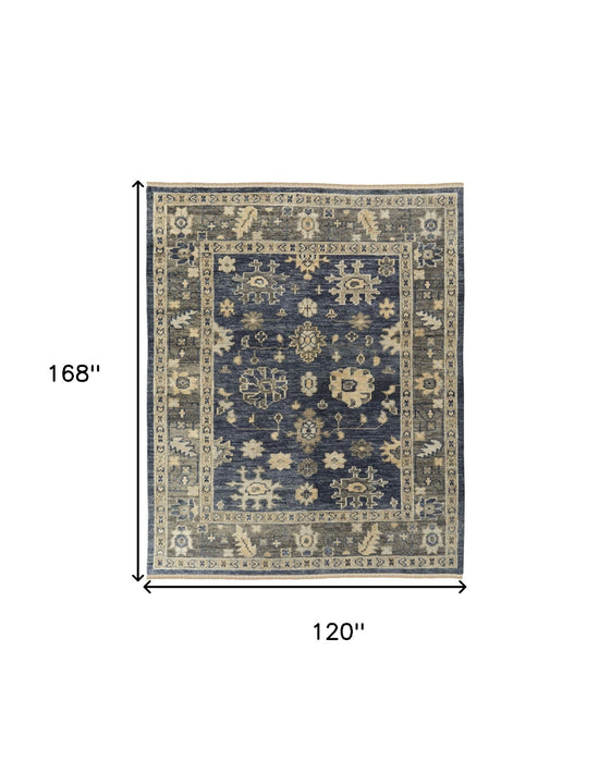 10' x 14' Wool Floral Hand Knotted Area Rug With Fringe - Blue And Gray