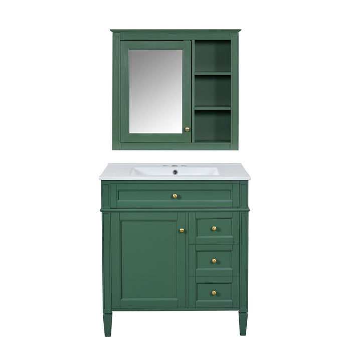 Giga bathroom vanity with top sink, 2 doors, 3 drawers, freestanding design, mirror cabinet included, modern and functional.