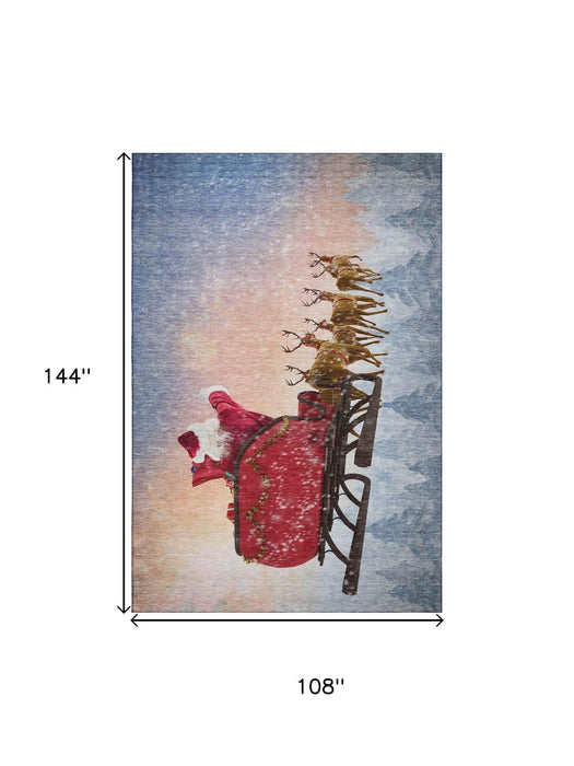 9' X 12' Christmas Santa Claus Distressed Washable Area Rug With UV Protection (646408) - Blue / Red / Brown