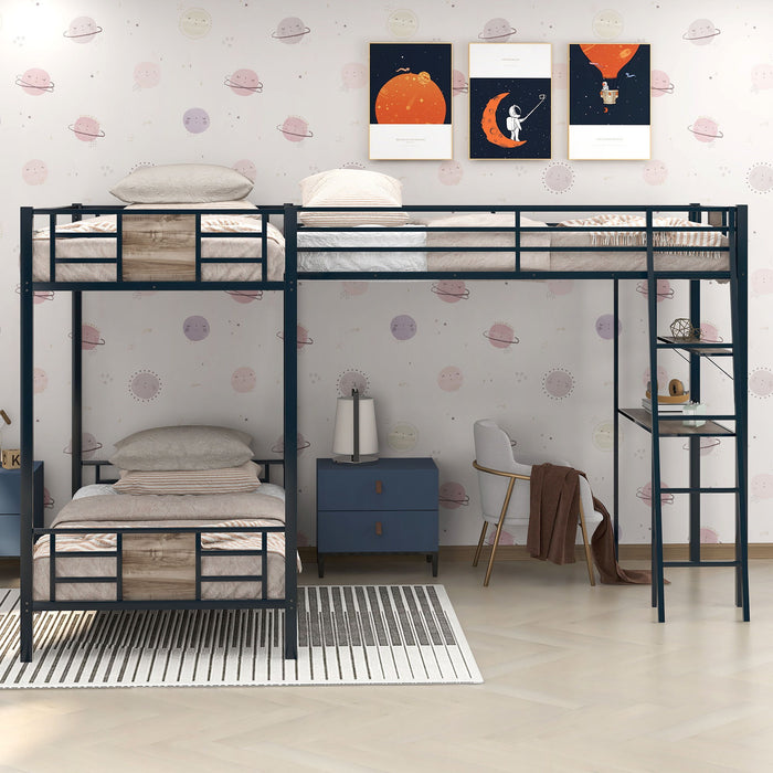 Brown Giga L-shaped twin over twin bunk bed with built-in loft, desk, and shelf showing the bunk structure and workspace.