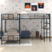 Brown Giga L-shaped twin over twin bunk bed with built-in loft, desk, and shelf showing the bunk structure and workspace.