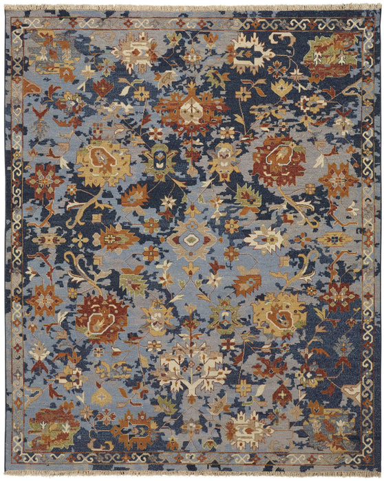 8' x 12' Wool Floral Hand Knotted Area Rug With Fringe - Blue Gray And Red