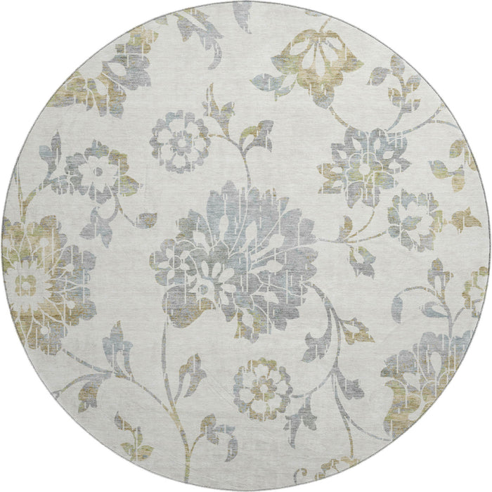 8' Floral Washable Round Rug With UV Protection (667918) - Ivory / Gray / Gold