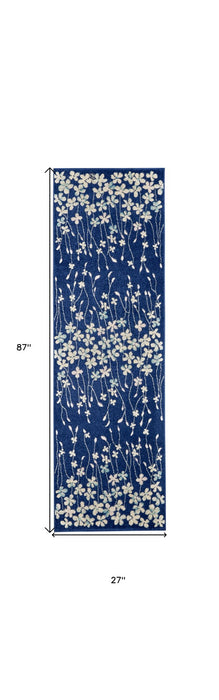 7' Floral Vines Runner Rug (550529) - Ivory / Blue