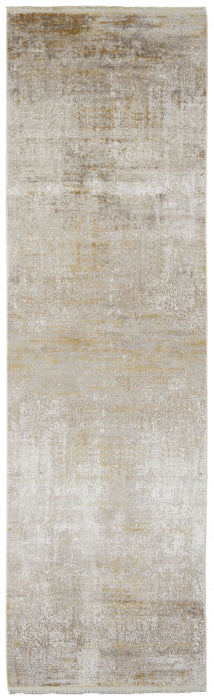 3' x 10' Abstract Runner Rug With Fringe - Taupe Ivory And Gold