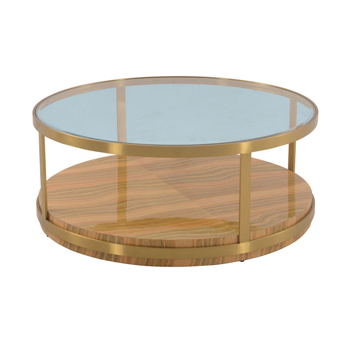 Clear glass and gold metal round coffee table with a brown wood shelf, stylish and modern HomeRoots coffee table design.