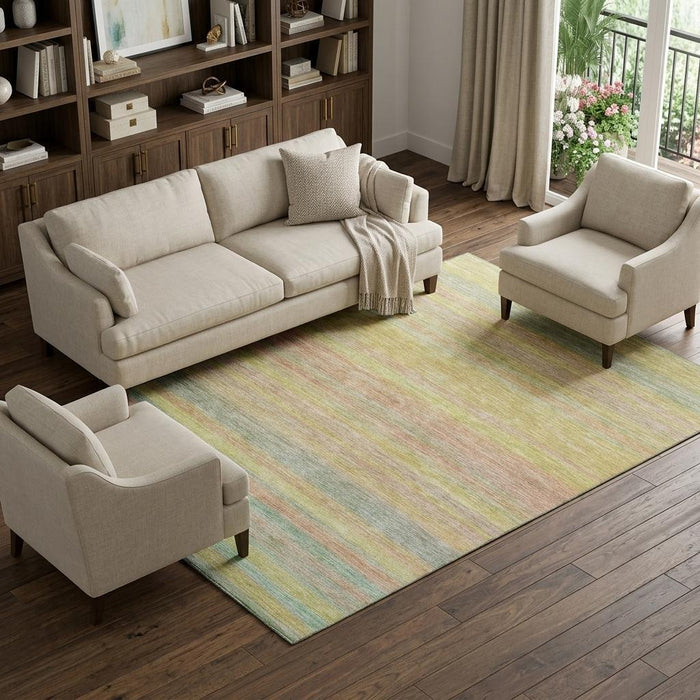 10' X 14' Striped Washable Area Rug With UV Protection (695684) - Gold / Blush / Teal