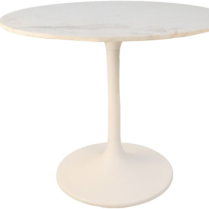 36" Rounded Marble And Iron Pedestal Base Dining Table - White