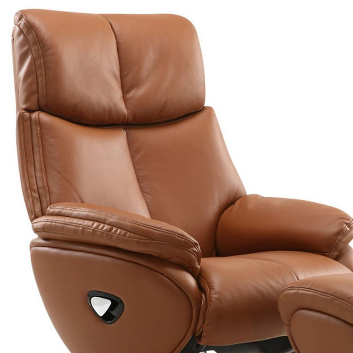 HomeRoots tufted genuine leather manual swivel recliner with matching ottoman in russet color, showcasing plush upholstery and wooden base.