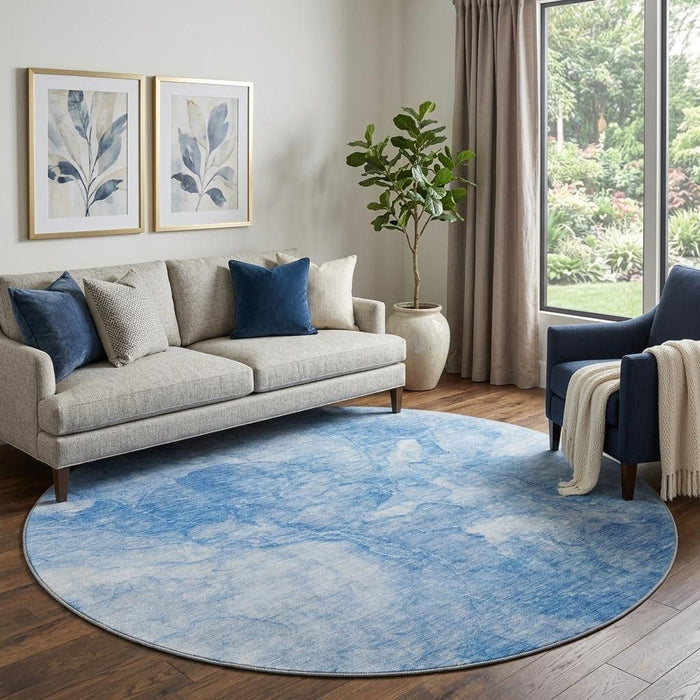 8' Abstract Washable Round Rug With UV Protection (656283) - Blue / Ivory