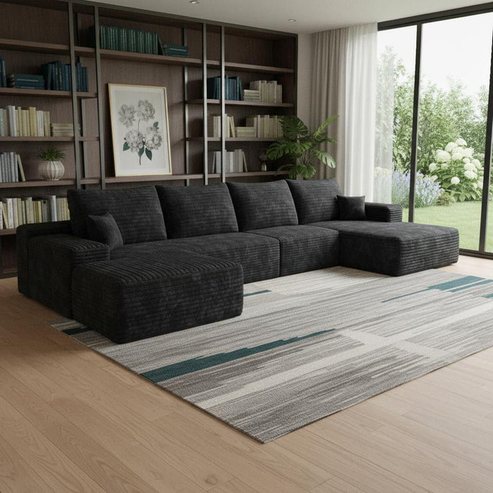 Two Piece Living Room Set Corduroy Modular Compression Foam Sofa With Ottoman Toss Pillows - Black