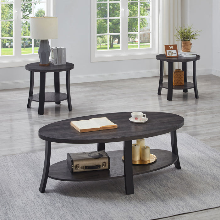 Giga Anze 3-piece contemporary oval wood coffee table set with charcoal finish, featuring sleek modern design and open shelf storage.