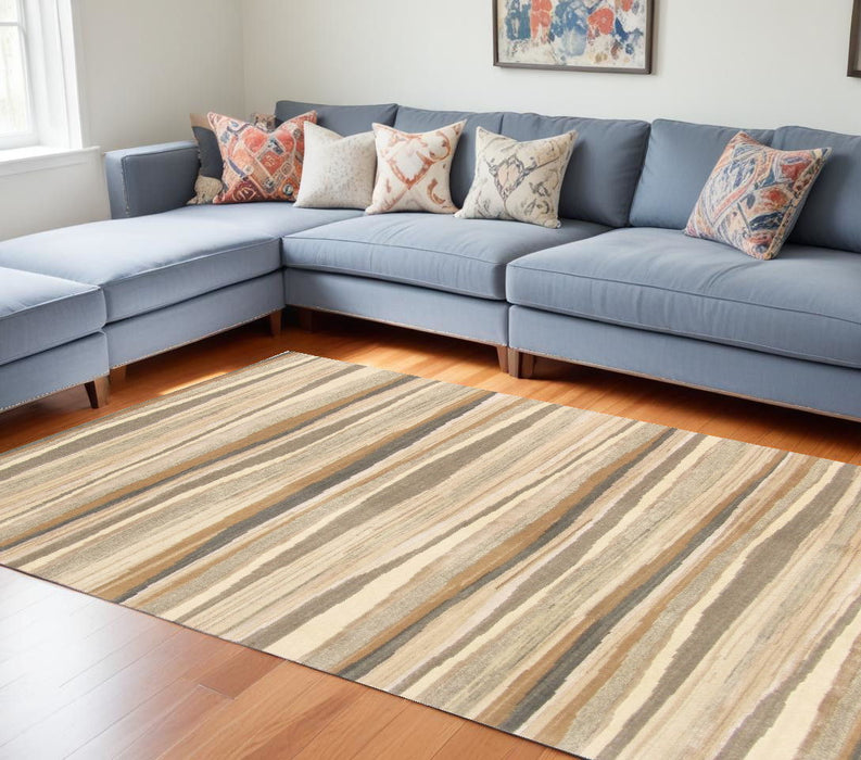 9' x 12' Wool Abstract Stripe Hand Loomed Area Rug - Beige And Brown