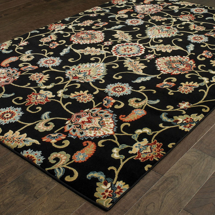 8' x 11' Floral Power Loom Stain Resistant Area Rug - Black Red Green Ivory Salmon And Yellow