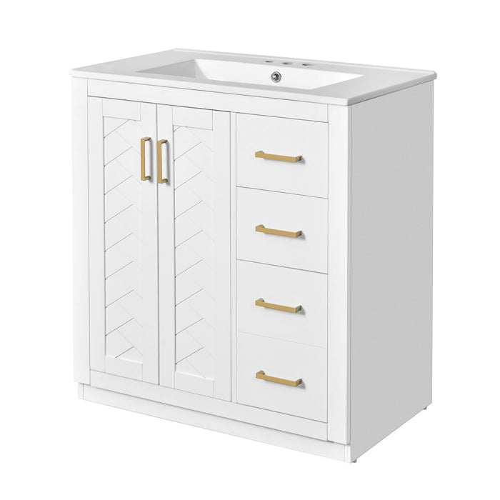 Giga bathroom vanity with sink, storage cabinet, three drawers, and soft-close doors in a freestanding set.