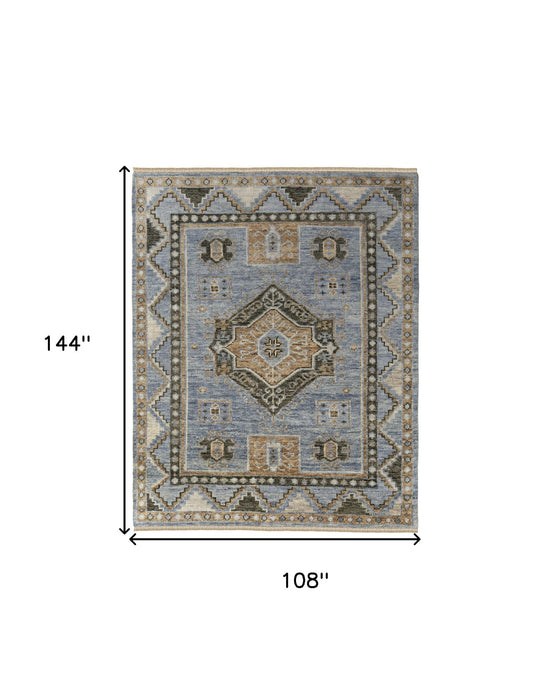 9' x 12' Wool Oriental Hand Knotted Area Rug With Fringe - Ivory Tan And Blue