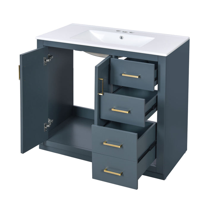 Giga bathroom vanity with sink, storage cabinet, three drawers, and soft-closing doors in a freestanding design