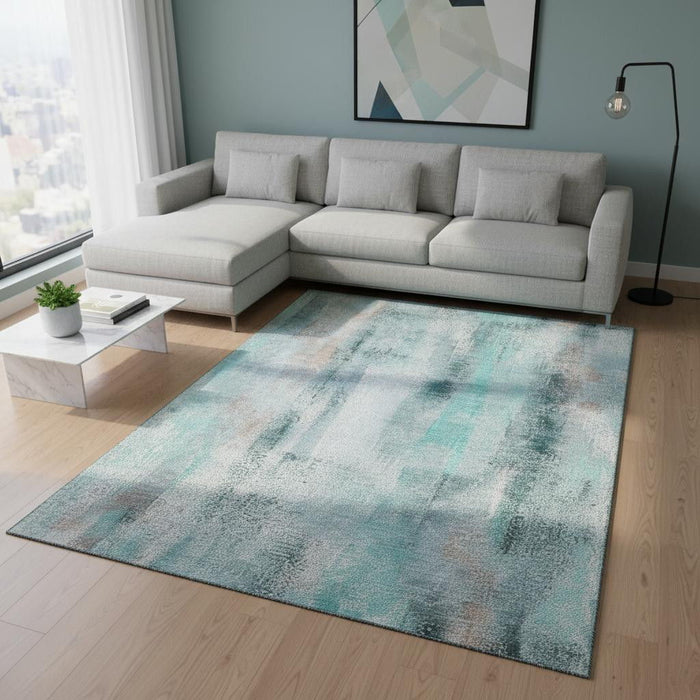 10' X 14' Abstract Washable Area Rug With UV Protection (648148) - Teal / Ivory