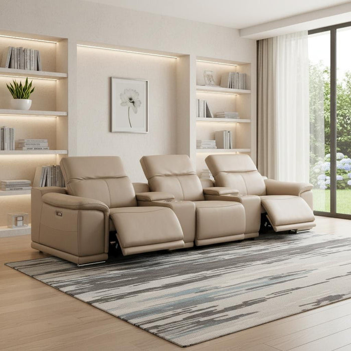 134" Leather Reclining Stainless Steel USB Sofa - Beige