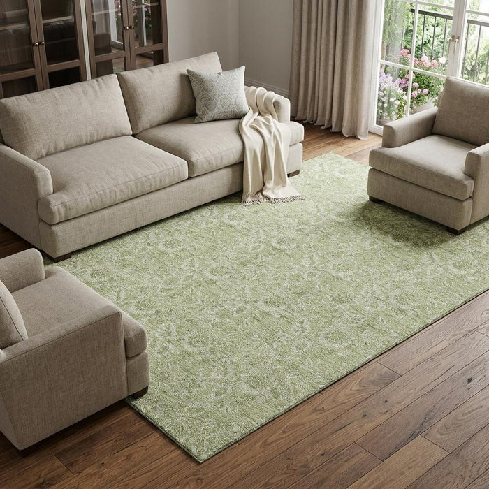10' X 14' Floral Washable Area Rug With UV Protection (655108) - Artichoke Green / Silver