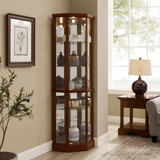 Giga 6-shelf lighted corner curio cabinet with adjustable tempered glass shelves and mirror back, E26 bulb not included.
