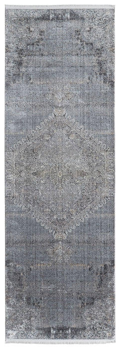 10' x 2.7' Abstract Power Loom Worn Faded Runner Rug - Gray And Silver