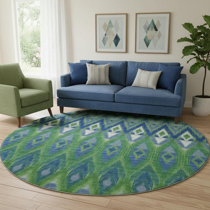 8' Southwestern Washable Round Rug With UV Protection (651902) - Green / Blue / Ivory
